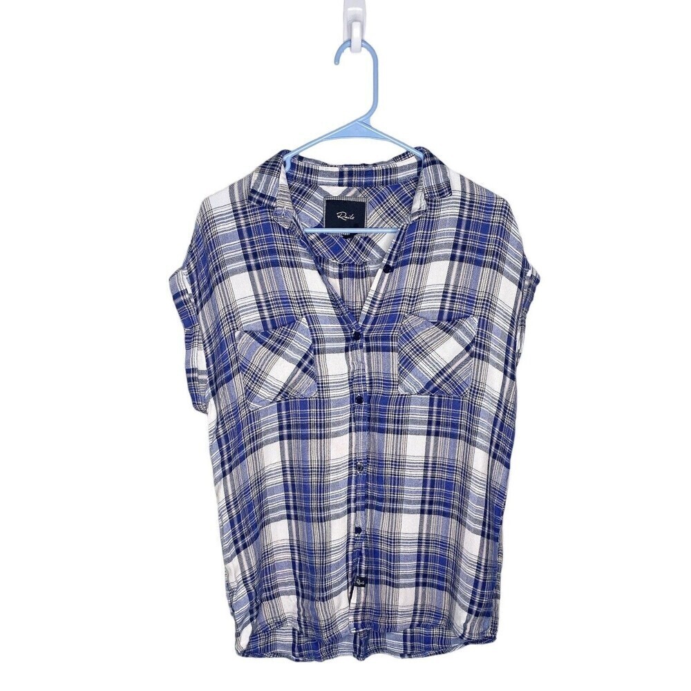 Rails Womens Short Sleeve Plaid Button Down Shirt Blue Sz XS